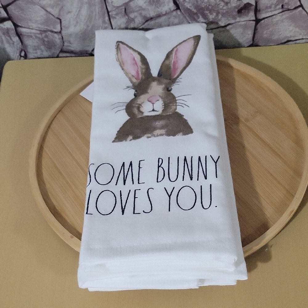 Set Of 2 Rae Dunn White Tea Towel with Bunny Print